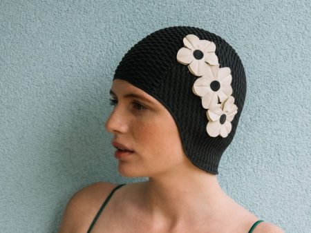 Black retro swimming cap with white flowers - KORES Cheap