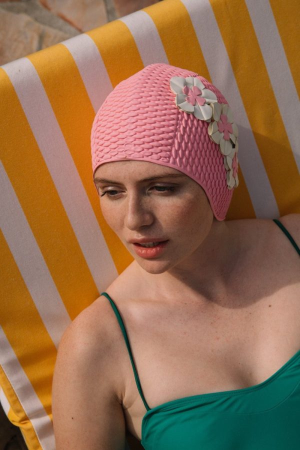 Pink   White Floral Retro Swim Cap - KORES Discount