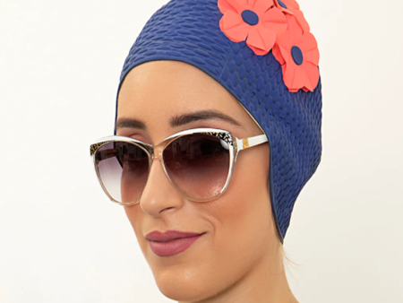 Navy   saffron yellow floral retro swimming cap - KORES Hot on Sale