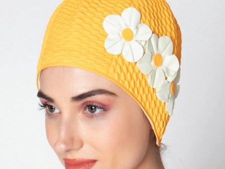 Bonnet de bain rétro à fleurs orange   blanc - KORES For Sale